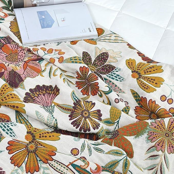 Boho Throw Blanket for Couch Sofa Bed, 100% Cotton Woven Quilt with Tassel 60”x80”, Super Soft Muslin Blanket with Floral Printed, Decorative Reversible Bed Blanket/Cover for All Seasons