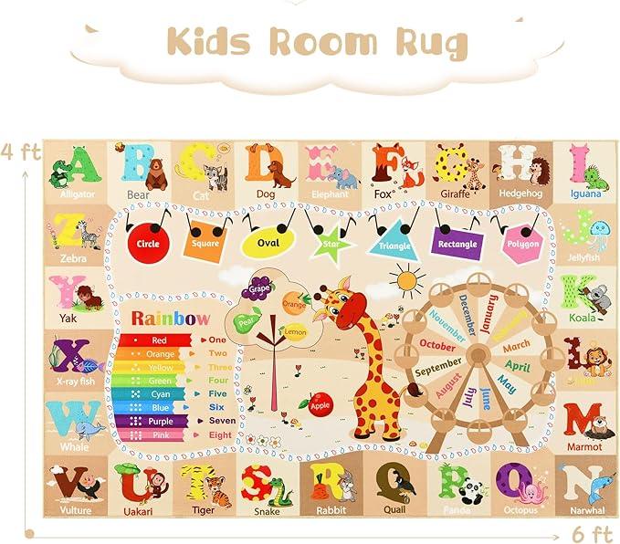 4x6 Playroom Rugs for Kids Washable, Educational and Fun Playmat with ABC Alphabet Animals Shapes Colors, Non-Slip Play Mat Learning Rugs for Baby Toddler Children Game Activity, Beige