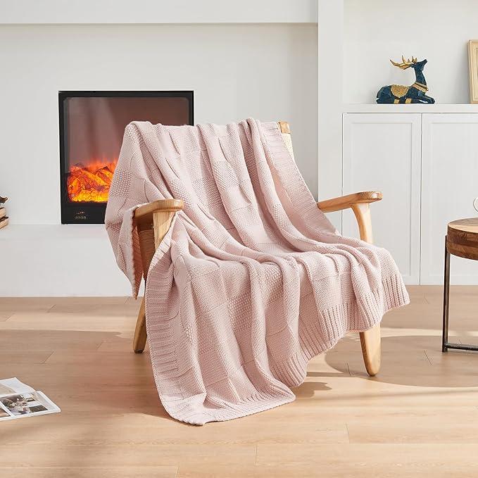 CozeCube Check Knit Throw Blanket, Pink Checkered Throw for Couch, Decorative Christmas Soft Cozy Warm Knitted Blanket for Bed Sofa Living Room, 50