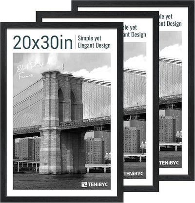20x30 Poster Frame Set - 3 Pack, Textured Black Solid Wood Picture Frame, Wall Gallery Frame - Wall Hanging