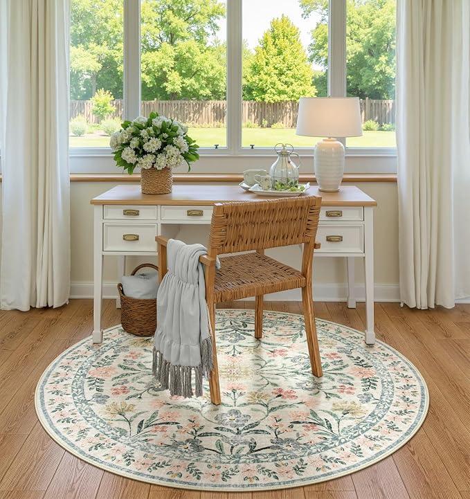 Wonnitar Round Washable Rug, Soft Floral Round Rugs 5ft Circle Carpets for Bedroom Ultra-Thin, Boho Beige Print Distressed Circular Carpet for Living Room Dorm Bedside