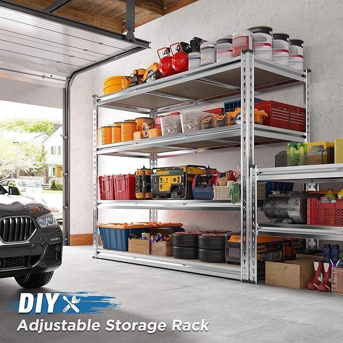 REIBII Garage Shelving, 4 Tier Storage Shelves Load 2000LBS, Adjustable Garage Shelving Heavy Duty, Metal Shelves Unit for Basement, Warehouse, 48