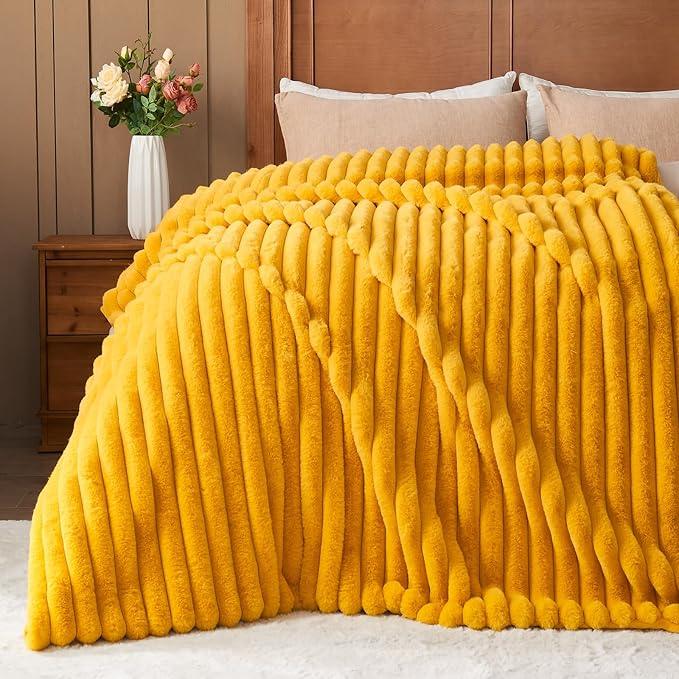 NEWCOSPLAY Faux Fur Throw Blanket Mustard Yellow 3D Ribbed Plush Thick Warm Blanket for Couch Sofa Bed 850GSM (Mustard Yellow Ribbed, Throw(50
