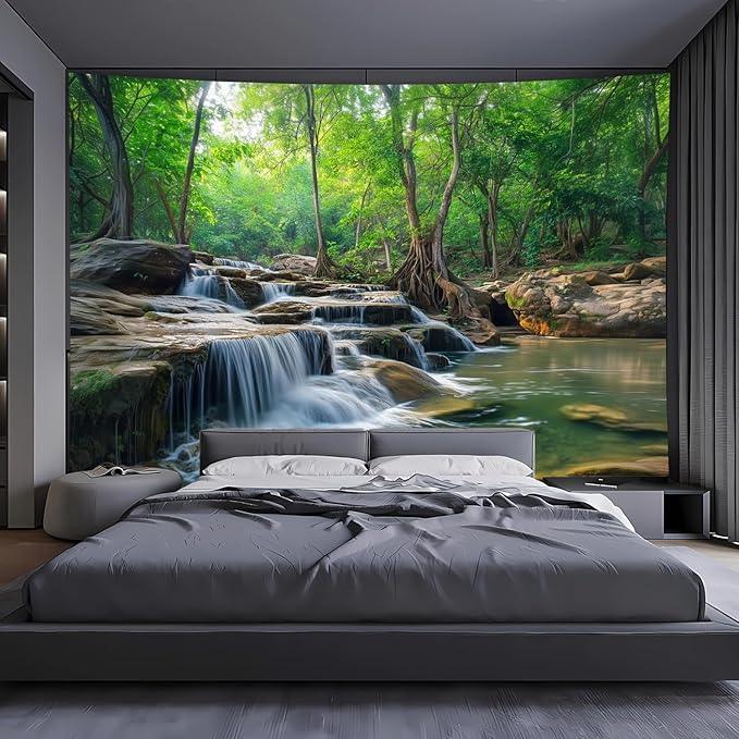 BSFHH Nature Tapestry Forest Tree Sea Cave Wall Hanging, Stream Through Rainforest Landscape Wall Art Tapestry for Bedroom Living room (Creek, 90