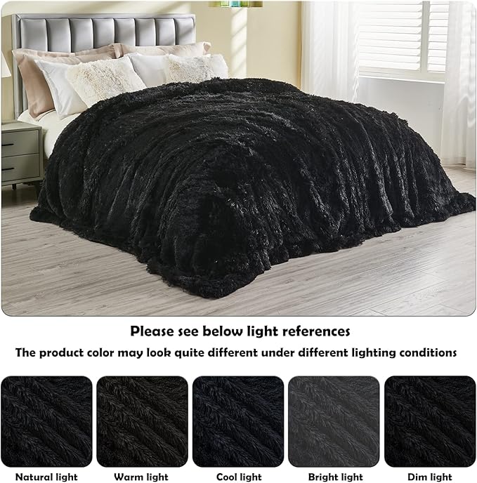 GONAAP Fuzzy Faux Fur Throw Blanket Queen Size Black Super Soft Cozy Plush Fuzzy Shaggy Blanket for Couch Sofa Bed (Black, Queen(90