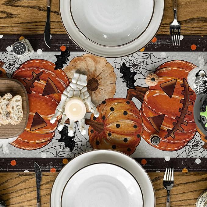 Artoid Mode Jack-O'-Lantern Pumpkin Ghost Spider Web Halloween Table Runner,Holiday Kitchen Dining Table Decoration for Home Party Decor 13 x 72 Inch