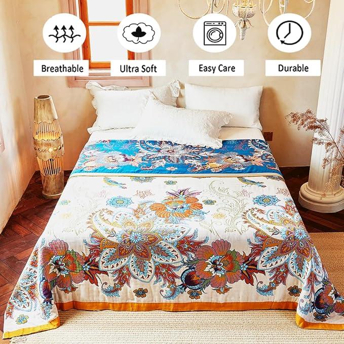 Boho Throw Blanket, 100% Organic Cotton Breathable Ultra Soft Bed Quilt Throw - All Season Floral Bird Butterfly Farmhouse Decor Blanket for Sofa Couch Chair and Gift. 50