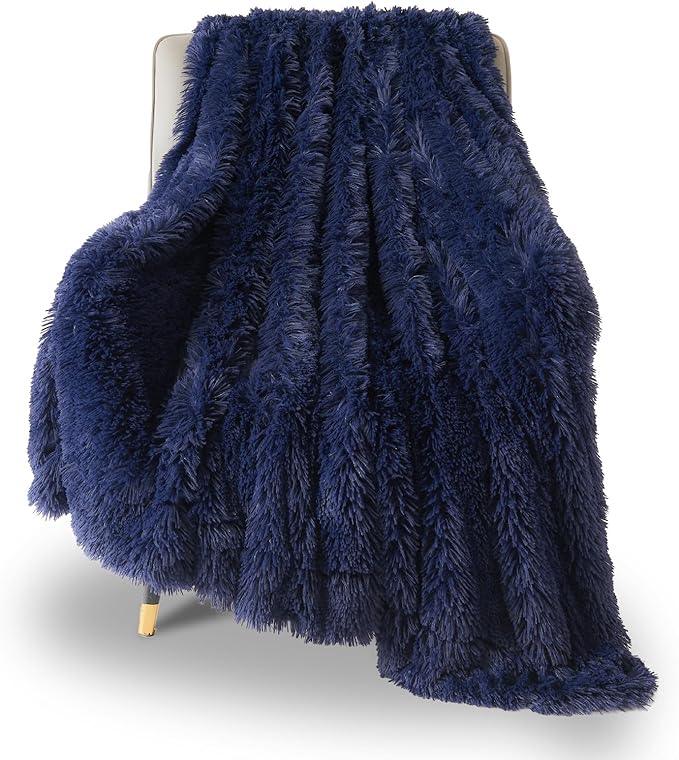 GONAAP Fuzzy Faux Fur Throw Blanket Twin Size Dark Navy Super Soft Cozy Plush Fuzzy Shaggy Blanket for Couch Sofa Bed (Dark Navy, Twin(60