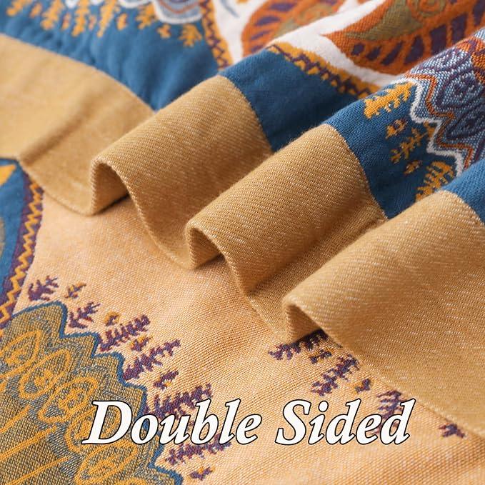 Snycler Boho Throw Blanket for Bed - 100% Cotton Ultra Soft Rustic Quilt Blanket Orange Green Printed Farmhouse Decor Bed Blankets, 80