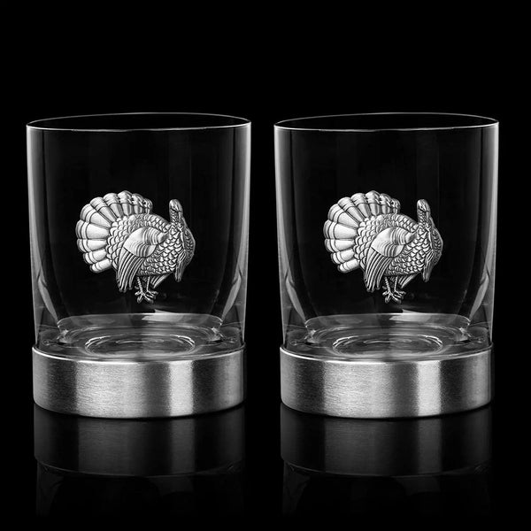 The Wine Savant Turkey Whiskey Glasses Set of 2, Old Fashioned Whiskey, Rum, Brandy, Scotch Glasses, Elegant Badge, Thanksgiving 11 OZ, Gifts for Men, Women, Pheasant Quail Hunting Gifts Glass
