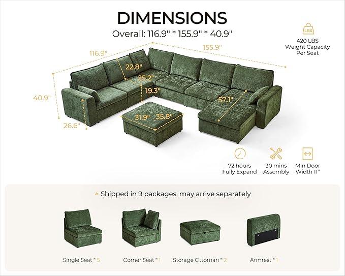 Oversized Modular Sofa Comfy Cloud Couch with Storage, Extra Deep Plush Sectional Sofa Set for Living Room, Covers Washable, Chenille, Olar (Green, 8-Seater with Corner & 2 Ottomans, u-Shaped)