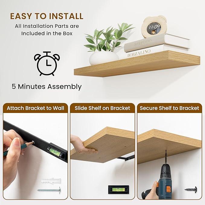 Fun Memories 55 Inch Fireplace Mantel Shelf -Long Floating Shelves, Deep Wall Mounted Farmhouse Display Shelves with Invisible Heavy Duty Metal Bracket, Oak, 2 Pack