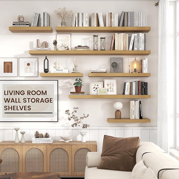 Floating Shelves for Wall, Large Wall Mounted Shelves with Invisible Brackets, Long Wood Floating Shelf for Living Room, Bedroom, Kitchen, Bathroom (Oak, 55