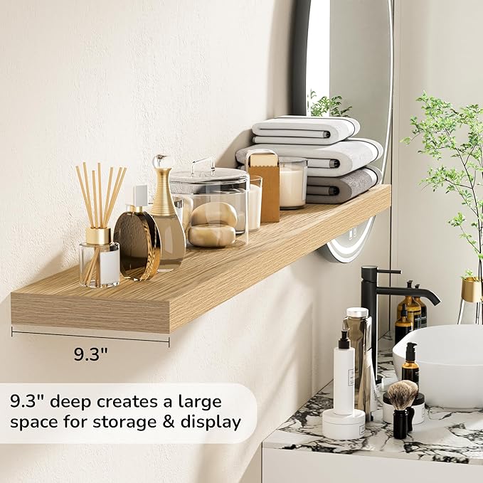 Fun Memories 55 Inch Floating Shelves - 9 Inch Deep Rustic Wooden Wall Shelves - Extra Deeper & Thicker Wall Mounted Storage Shelf for Living Room, Kitchen, Farmhouse - 55