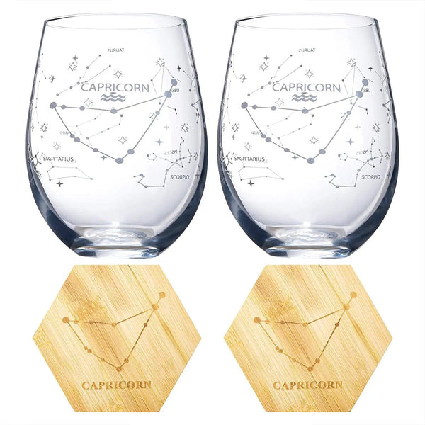 Set of 2 Zodiac Sign Wine Glasses with 2 Wooden Coasters by The Wine Savant - Astrology Drinking Glass Set with Etched Constellation Tumblers for Juice, Water Home Bar Horoscope Gifts 18oz (Capricorn)