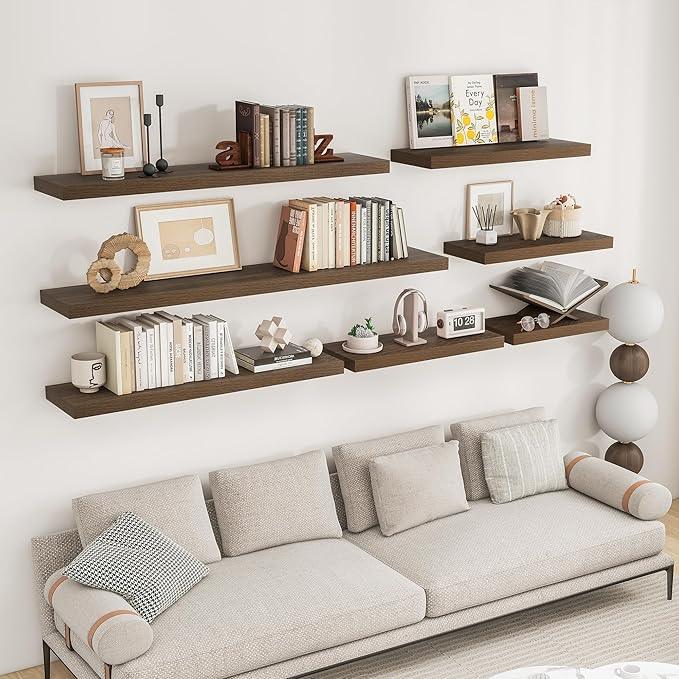 RICHFOCUS 24Inch Floating Shelves for Wall 2 Pack Shelves for Bedroom|Kitchen|Bathroom Wall Mounted Rustic Wood Floating Shelf with Invisible Brackets for Books|Storage|Decor, Walnut