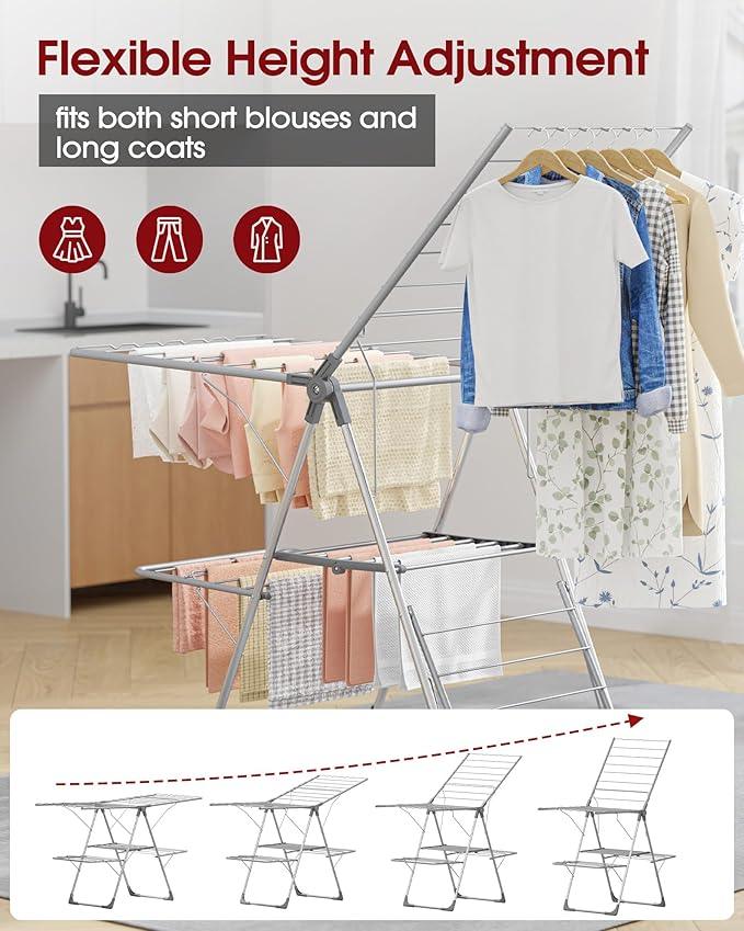 Clothes Drying Rack - Foldable Laundry Drying Rack for Clothing & Bedding, Easy-to-Assemble, Space-Saving Metal Airer with Non-Slip Feet, Indoor & Outdoor Use, 55.5