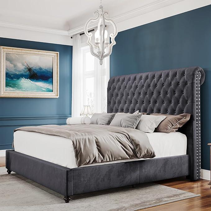PaPaJet King Size Bed Frame and Headboard Upholstered Bed Frame King with 52.8” Tall Headboard/Dark Grey