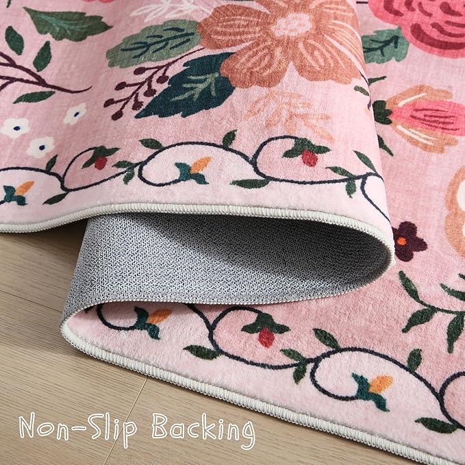 Runner Rug for Hallways Kitchen Rug Non Slip 2'x 6' Washable Rugs with Rubber Backing Soft Floral Carpet Runner for Hallways, Kitchen, Laundry, Bedroom, Bathroom(Pink)