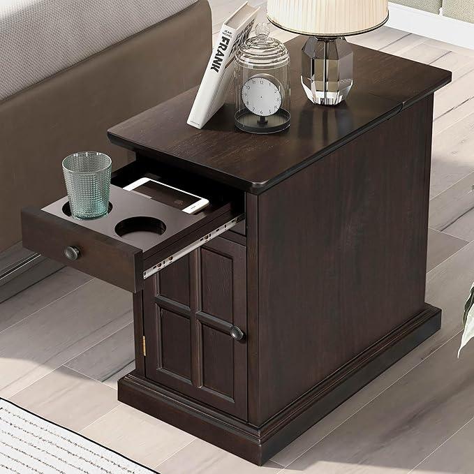 Traditional Wood End Table with Charging Station, Modern Vintage Sofa Chair Side Table Nightstand with Storage & Drawer for Living Room Bedroom, No Assembly, Antique Espresso