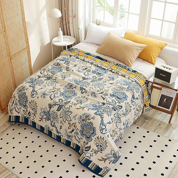 Snycler Boho Throw Blanket for Bed - 100% Cotton Ultra Soft Rustic Quilt - White Blue Floral Printed Farmhouse Decor Bed Blankets, 80