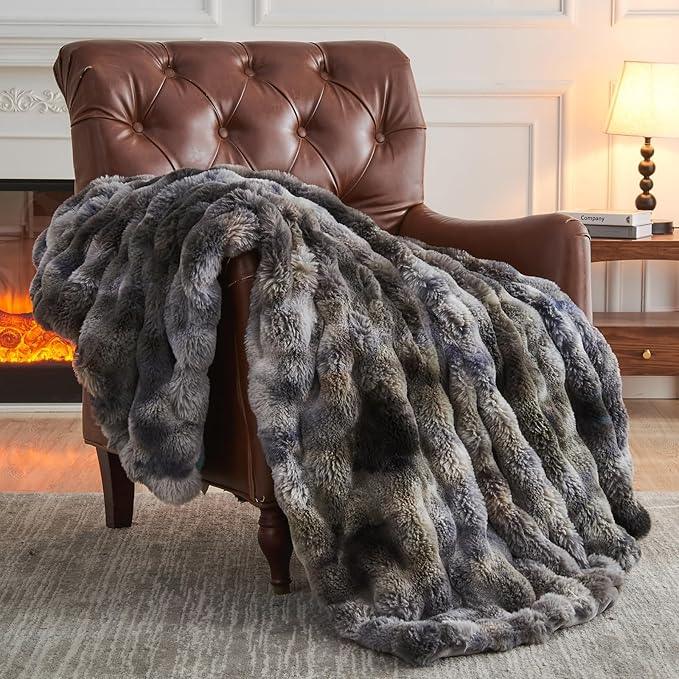 NEWCOSPLAY Faux Fur Throw Blanket Tie-dye Grey Luxury Fluffy Thick Warm Bubble Blanket for Couch Sofa Bed 700GSM (Tie-dye Grey, Throw(50