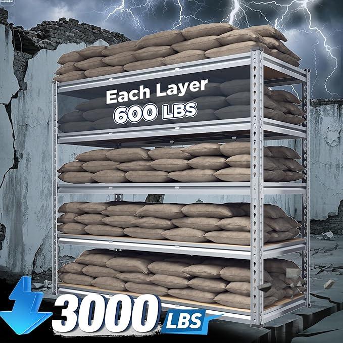 REIBII Garage Shelving, 5 Tier Storage Shelves Load 3000LBS, Adjustable Garage Shelving Heavy Duty, Metal Shelves Unit for Basement, Warehouse, 48