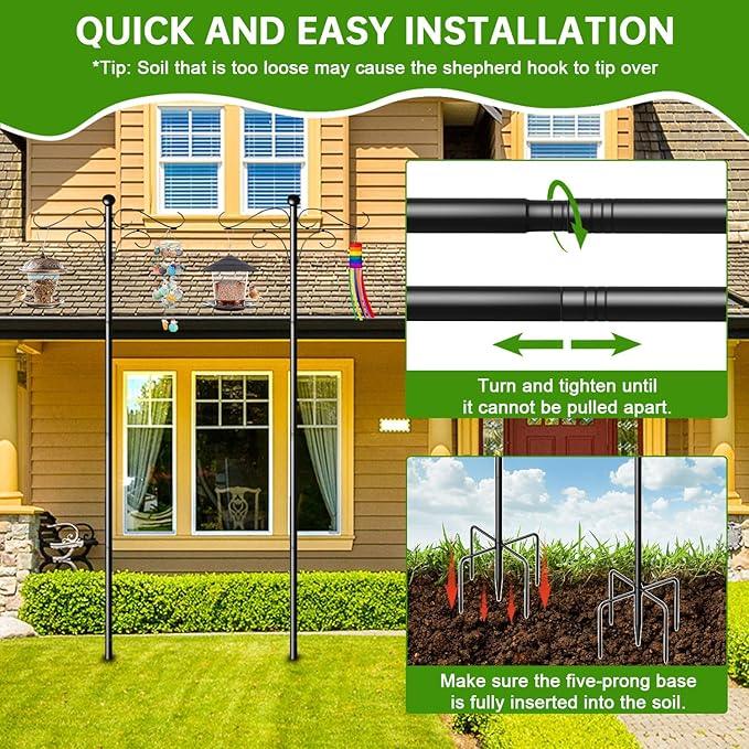 Shepherds Hooks for Outdoor, 2 Pack 108 Inch Heavy Duty Bird Feeder Pole with 5 Prongs Base, Adjustable Shepherds Hook for Hanging Birdhouses, Lanterns, Plant Baskets, Wind Chimes