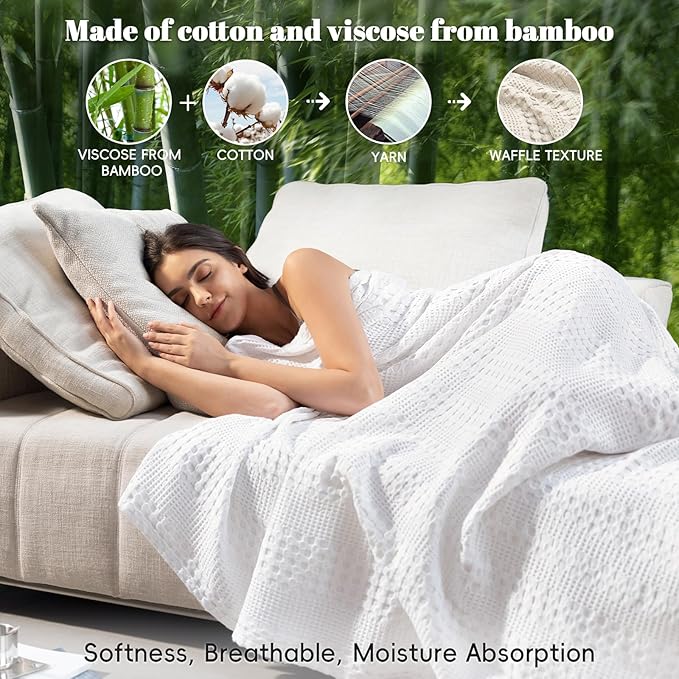 PHF Cooling Waffle Blanket Twin Size, Lightweight 60% Rayon Derived Bamboo & 40% Cotton Breathable Blanket for Hot Sleepers, Soft and Luxury for Bed Couch and Sofa, 66