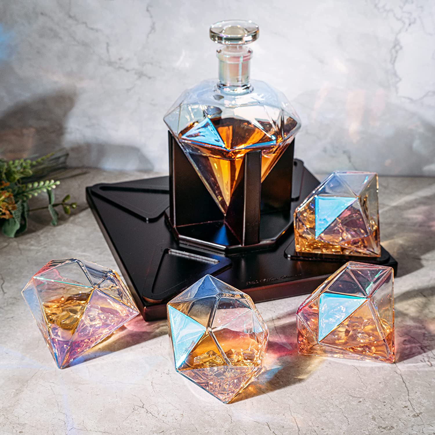 Diamond Iridescent Whiskey and Wine Decanter, Great Gift! 750ml With 4 Diamond Glasses and Beautiful Mahogany Wooden Holder Liquor, Scotch, Rum, Bourbon, Vodka, Tequila Decanter