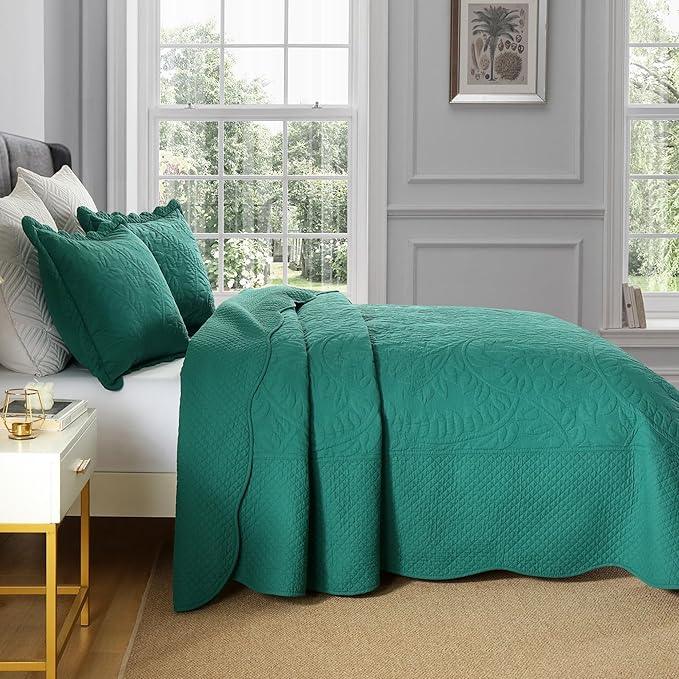 MarCielo 3-Piece 100% Cotton Oversized Bedspread Lightweight Quilt Coverlet Embroidery Farmhouse Bedding Set T0 (Emerald, Oversized Queen (100