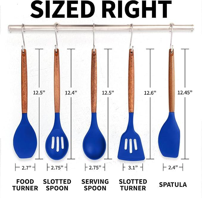 Zulay Kitchen Non-Stick Silicone Cooking Utensils Set with Acacia Wood Handles - 5 Piece Set - Heat Resistant to 464F - Dark Blue