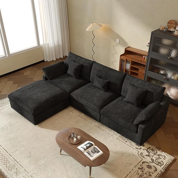 JACH L-Shaped Sectional Couches for Living Room, Cloud Sectional Couch with Deep Seat, Modular Sectional Sofa with Chaise, Covers Removeable & Washable, Sofas Furniture for Living Room, Black