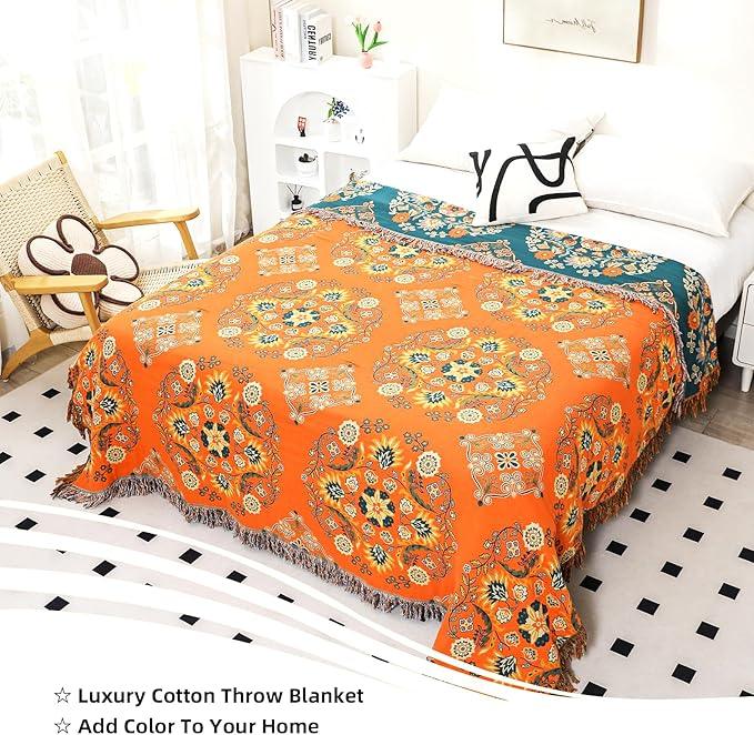 Boho Large Throw Blanket, 100% Organic Cotton Breathable Soft Bed Throw - Floral Farmhouse Decor Blanket for Sofa Couch Chair and Gift. 91