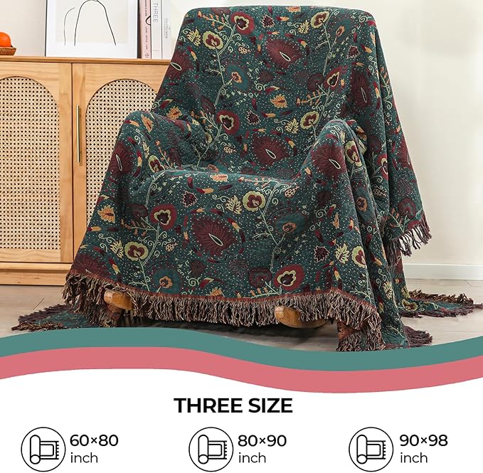 Boho Throw Blanket for Bed,100% Ultra Cotton Soft Breathable Bed Throw Floral Printed Farmhouse Decor Rustic Bed Throws for Couch Sofa Quilt 60