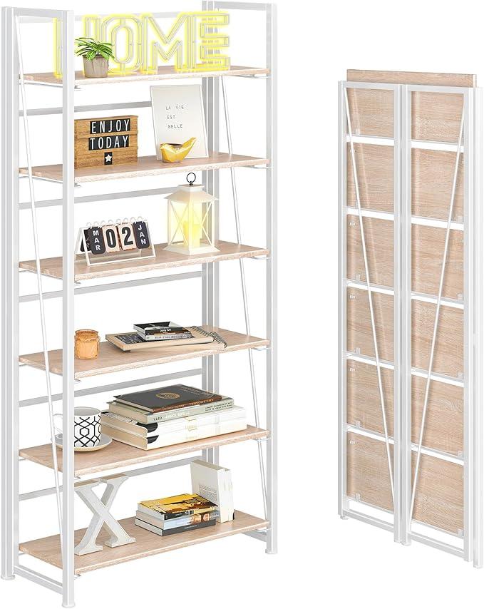 4NM No Assembly Foldable Bookshelf, 6-Shelf Collapsible Bookcase Storage for Small Spaces, 74