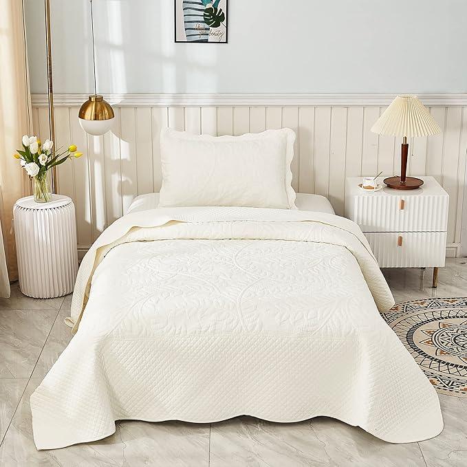 MarCielo 3-Piece 100% Cotton Oversized Bedspread Lightweight Quilt Coverlet Embroidery Farmhouse Bedding Set T0 (Bright White, Twin (68