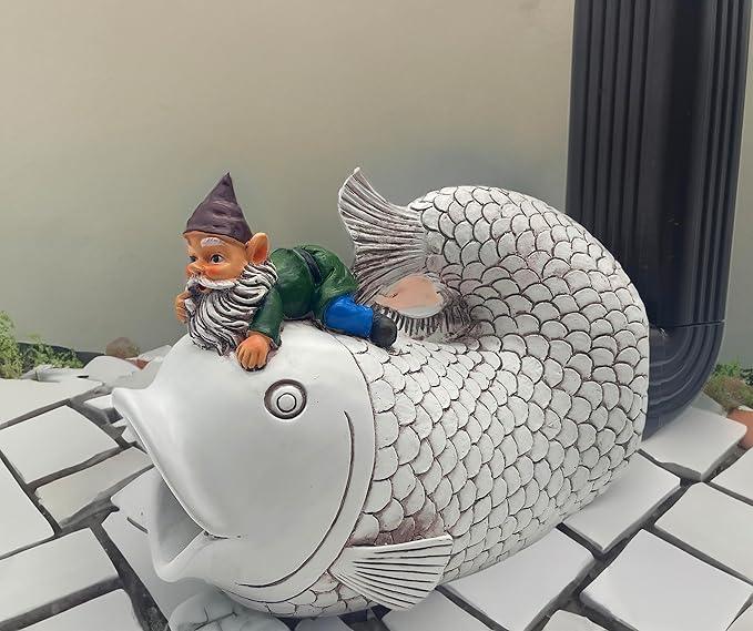 Gnome Fish Sculpture, Garden Animal Statue & Outdoor Decor, Eco-Friendly Resin Gutter Diverter Rain, Decorative Gutter Extension Downspout, Splash Block, Perfect for 3