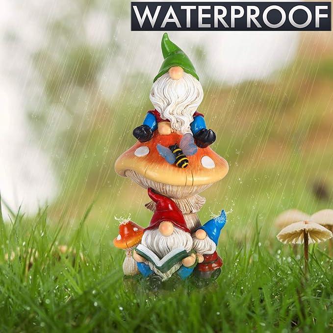 TERESA'S COLLECTIONS Garden Gnomes Statues Decorations for Yard with Solar Lights, Resin Sculptures& Statues on Mushroom Reading Garden Outdoor for Patio Lawn Ornaments,Ideal Gifts for Mom, 12.6