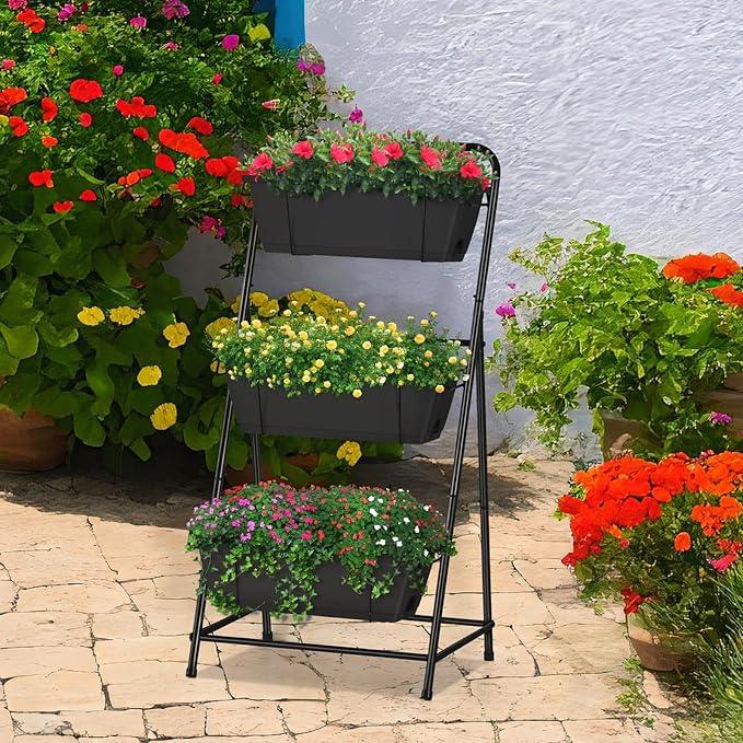 Raised Garden Bed 3 Tier Vertical Garden Planter Elevated Planter Boxes Outdoor Herb Planter with Drainage Holes Removable Tray for Patio Balcony Porch Black