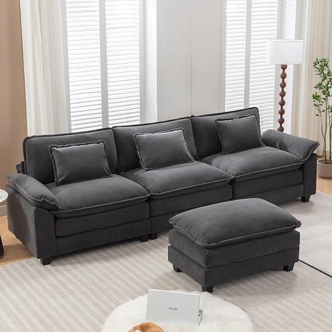 URRED Modular Sectional Sofa Comfy Cloud Couch, Modern Velvet Sofa Sleeper Deep Seat Couches with Ottoman/Pillows for Living Room (Dark Gray, 117''- L Shape)