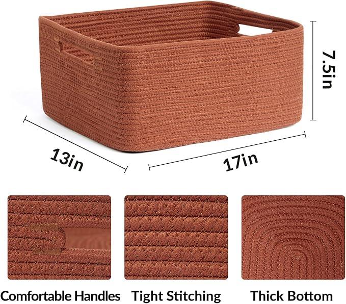 Large Storage Baskets for Organizing, Closet Shelf Baskets for Clothes Blanket Towels, Baby Nursery, Toy Bins Box, Woven Rope Baskets, 17 x 13 x 7.5”, 4 Packs Oxide Red