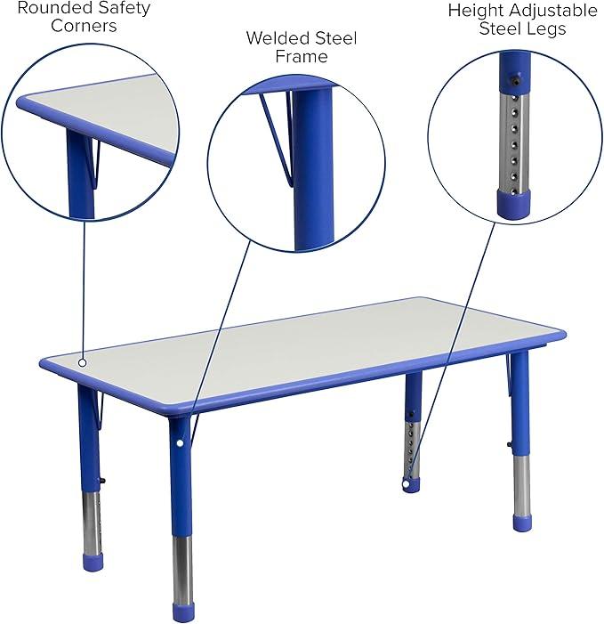 Flash Furniture Wren 23.625''W x 47.25''L Rectangular Blue Plastic Height Adjustable Activity Tables with Grey Tops, Set of 6