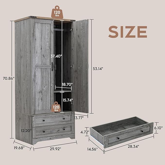 Brafab Armoire Wardrobe Closet with 2 Modern Doors, 71