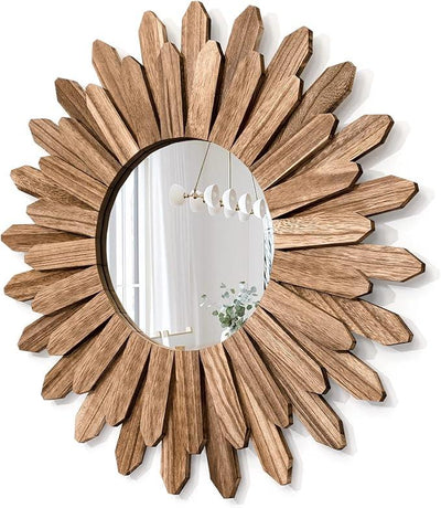 Honiway Mirror Wall Decor 21 inch Rustic Wood Boho Aesthetic Mirror for Room & Home Decor Farmhouse Wall Decor at Living Room Bedroom Carbonized Black