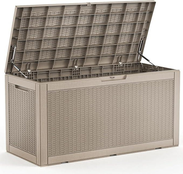 102 Gallon Outdoor Storage Box Waterproof, UV Resistant Resin Deck Box with Hydraulic Rod, Lockable Design and Enhanced Durability for Patio, Garden, and Poolside Use