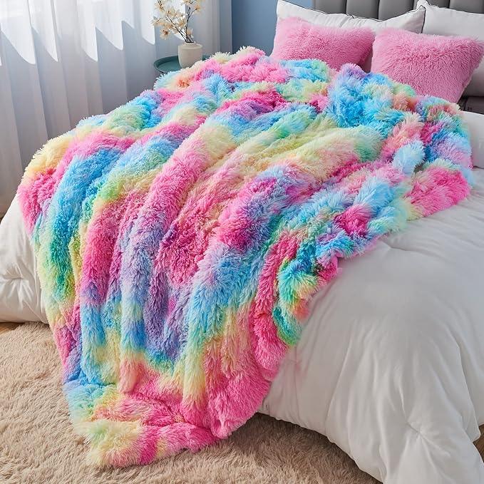 GONAAP Fuzzy Faux Fur Throw Blanket Dark Rainbow Super Soft Cozy Plush Fuzzy Shaggy Blanket for Couch Sofa Bed (Dark Rainbow, Throw(50
