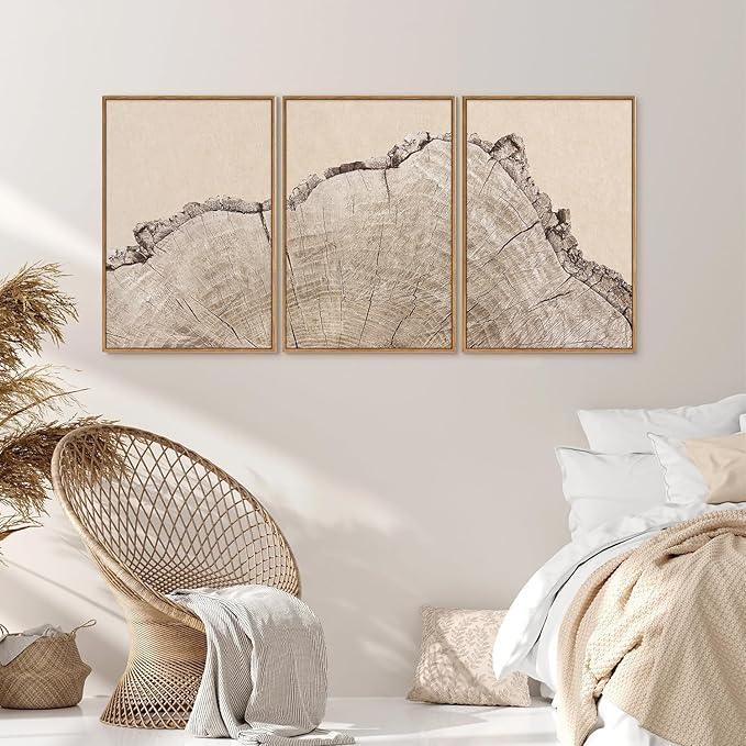 SIGNINART Large Tree Ring Framed Canvas Wall Art Set, Rustic Beige Nature Wooden Wall Decor, Neutral Wood Stump Artwork, Modern Art Prints for Bedroom Living Room Office 16