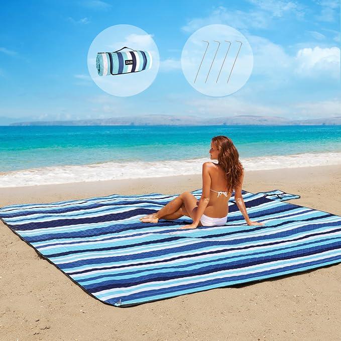 ZAZE Beach Blanket Picnic Blankets with Stakes, Thick 3-Layer 80*80 Oversized Waterproof Sandproof Compact Outdoor Mat, Big Extra Large Foldable Camping Park Vacation Travel Accessories(Blue Stripe)