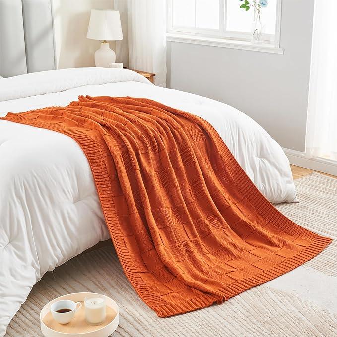 CozeCube Check Knit Throw Blanket, Rust Orange Checkered Throw for Couch, Decorative Christmas Soft Cozy Warm Knitted Blanket for Bed Sofa Living Room, 50